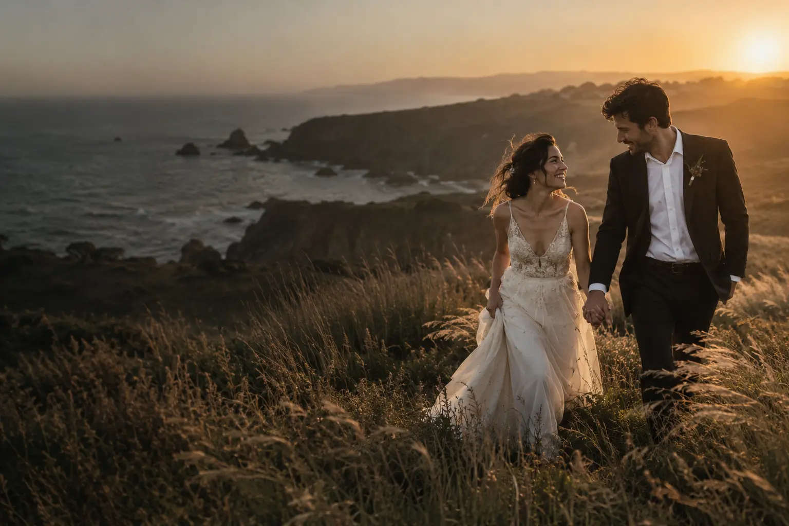 Pareja recién casada caminando por la costa durante el atardecer